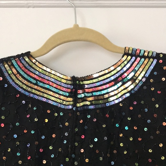 Vintage Saks Fifth Avenue Dress Sequins Rainbow Black Beaded Ruched Mini - Picture 8 of 14
